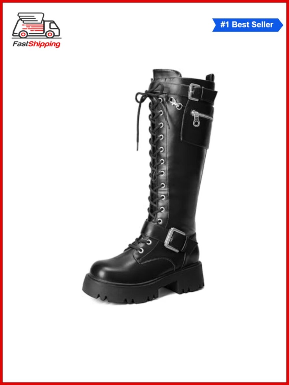 ✨ Knee High Combat Boots Platform Heels Faux Leather Lace Up Lug Sole